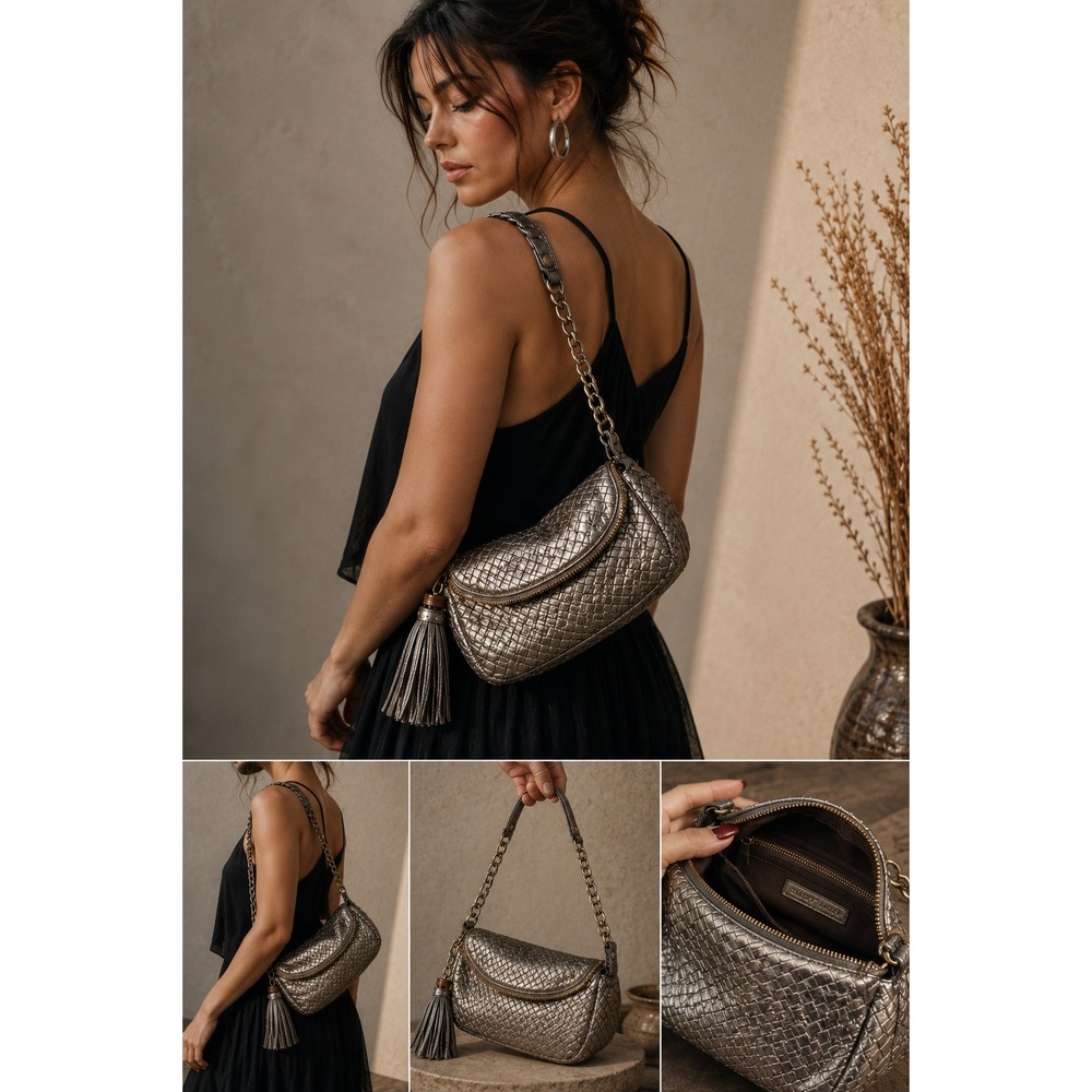 Elliott Lucca Pewter Woven Leather Shoulder Bag Metallic Y2K Tassel